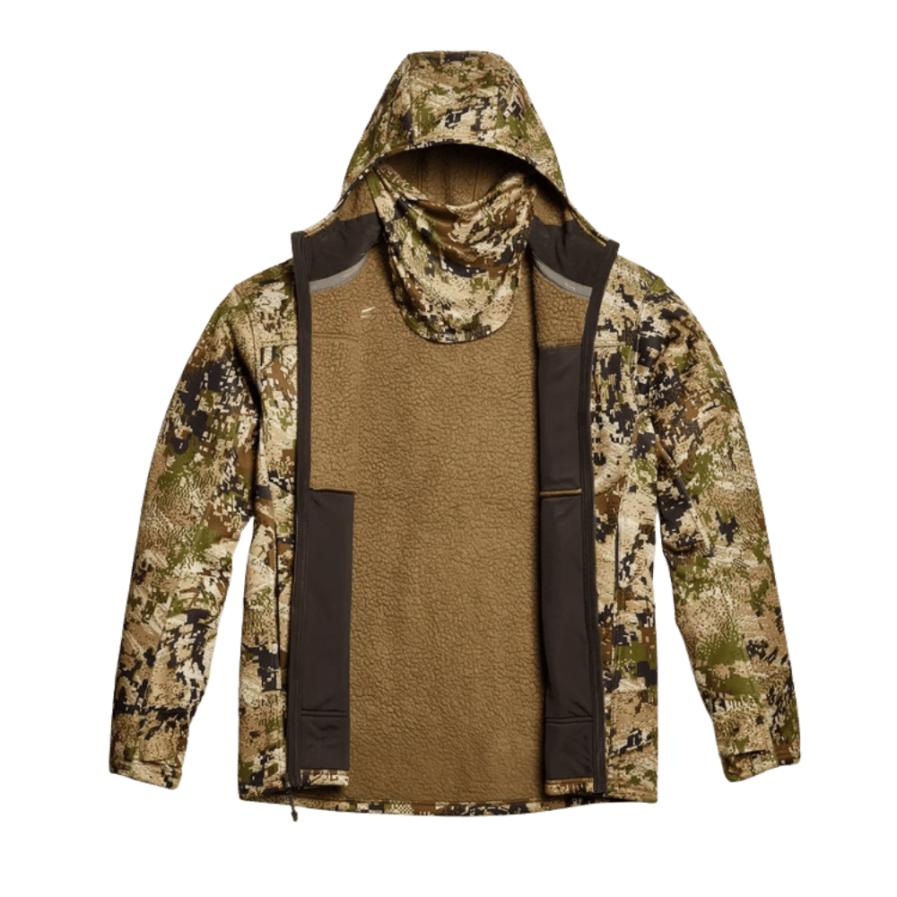 Sitka Traverse hoodie med brunt indvendig for. Strækbar og varm fleecejakke til mænd.