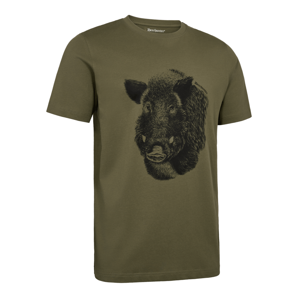 Grøn t-shirt med et vildsvinemotiv i 100% bomuld